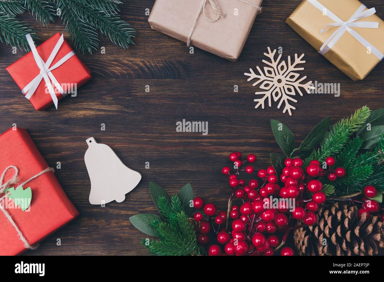 Newyear advertisement concept. Top above high angle overhead closeup view photo of christmas time natural berries colorful red white surprises on Stock Photo