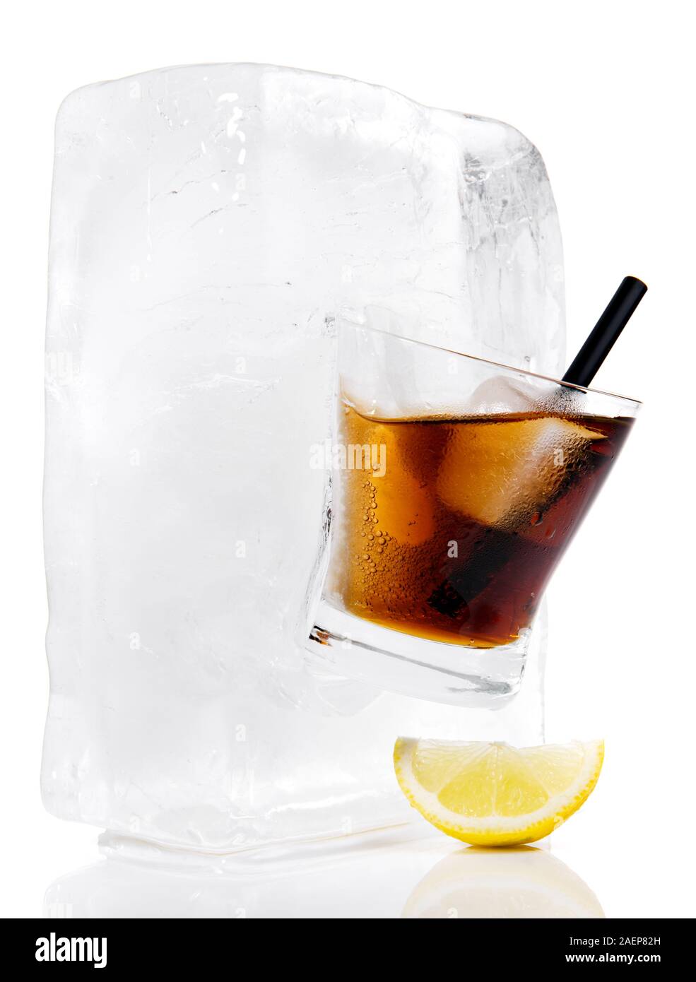Cola in a Glass Ice Cube - Ice Melting - White Background Stock Photo ...