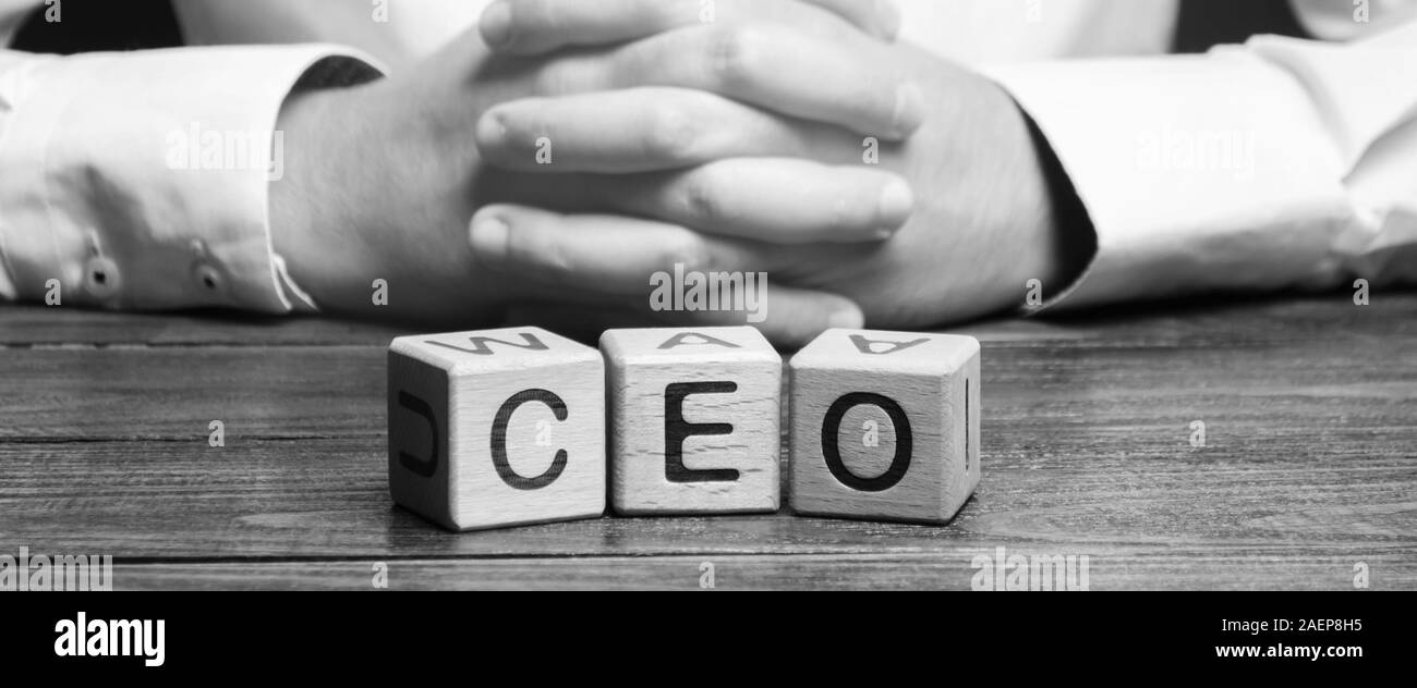 Wooden blocks with the word CEO and businessman. Chief Executive Officer. Boss, top management position in a team or company. Leader, Leadership. Busi Stock Photo