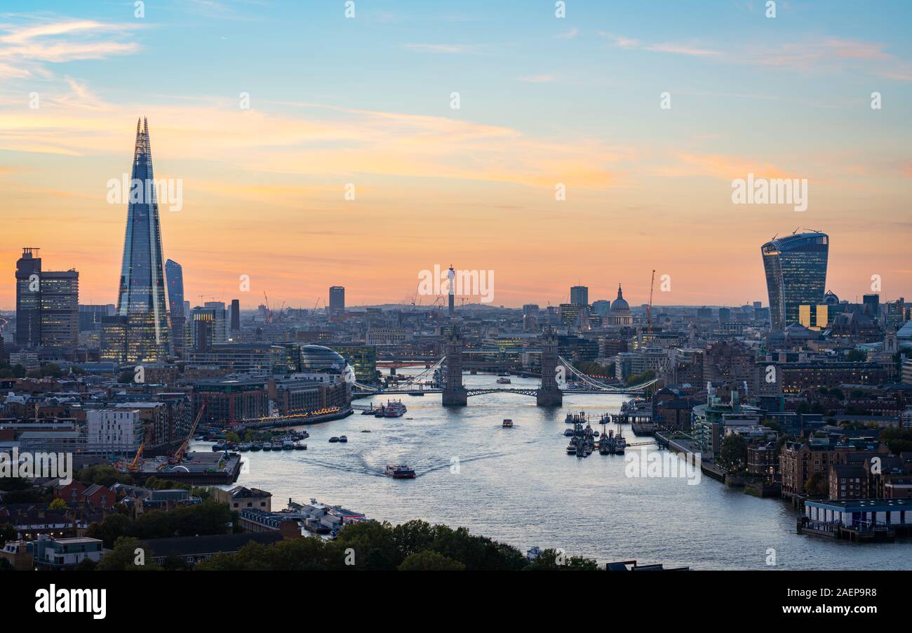 Aerial view of the City of London at sunset Stock Photo