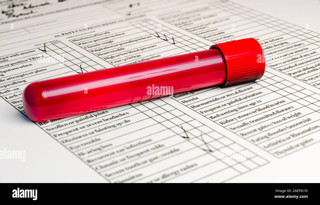 Blood collection and analysis, test tube with blood. Viruses and