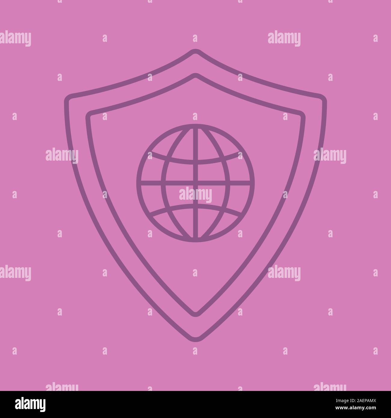 Network security linear icon. Protection shield with globe model. Thin ...