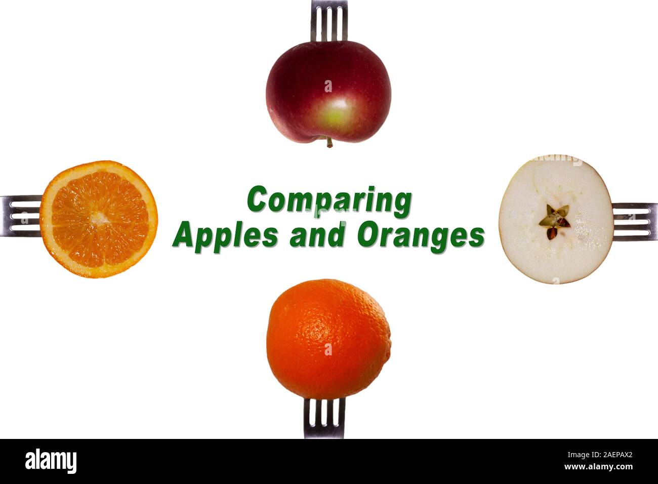 https://c8.alamy.com/comp/2AEPAX2/apples-and-oranges-on-forks-comparing-apples-and-oranges-2AEPAX2.jpg