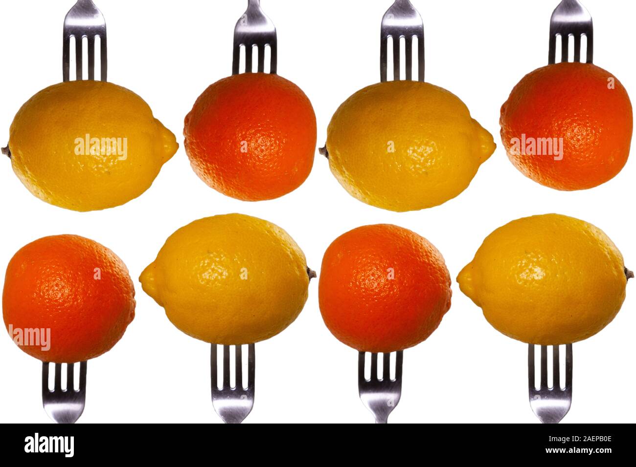 Oranges and Lemons on forks.  Eat up and get all your nutrients! Stock Photo