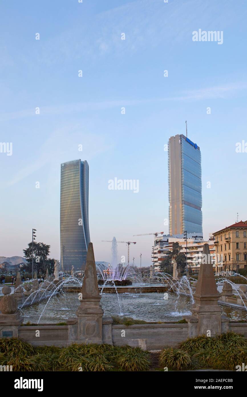 The moder architecture of Citylife district, from Giulio Cesare square, in Milan, Italy Stock Photo