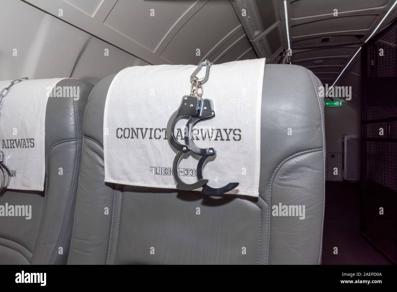 Convict Airways Flight 338 prisoner transport escape room in Greenwich Peninsula, London, UK. ATR42 airplane converted for role play escaping Stock Photo