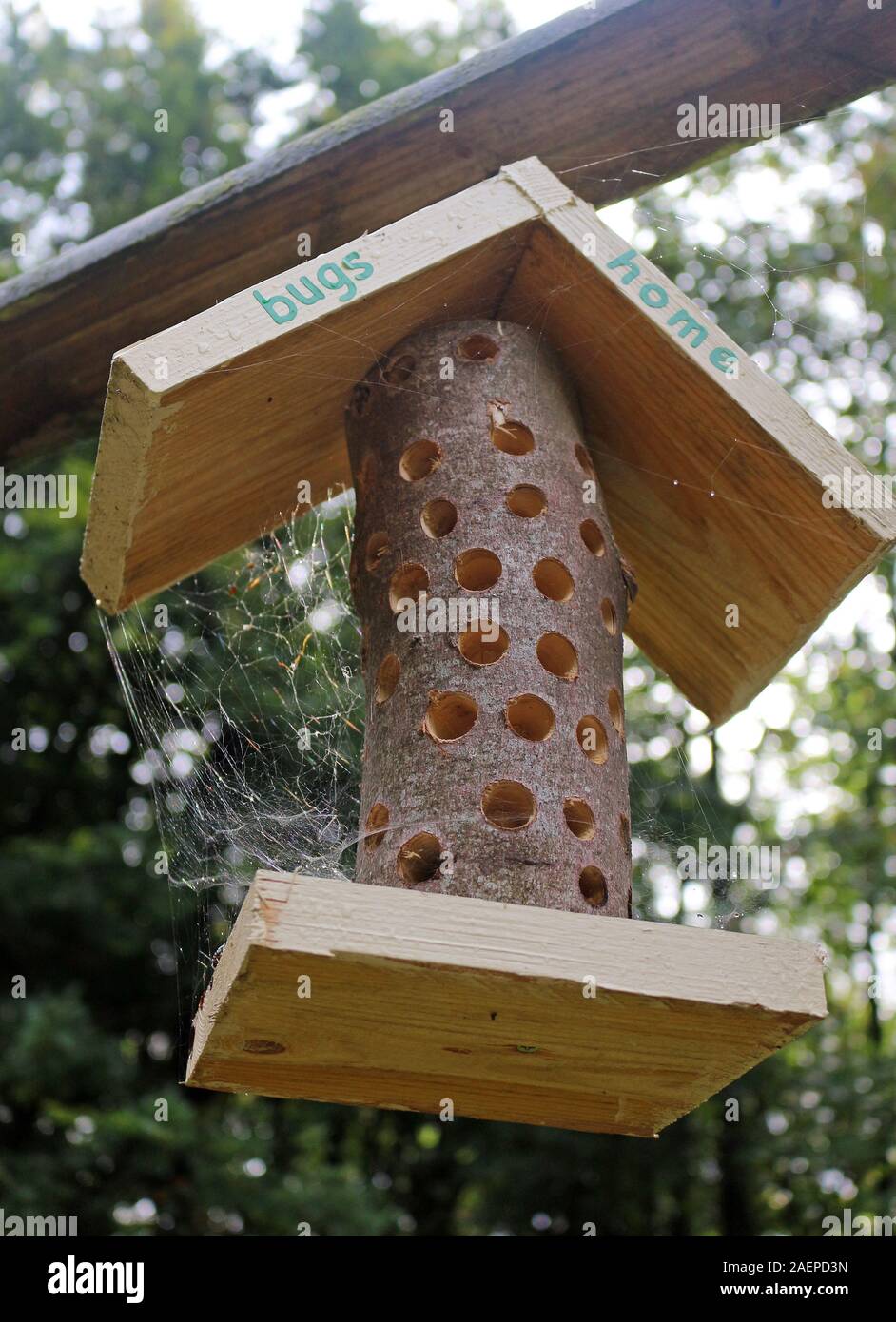 An insect hotel or bug house hanging from a frame in a garden Stock Photo