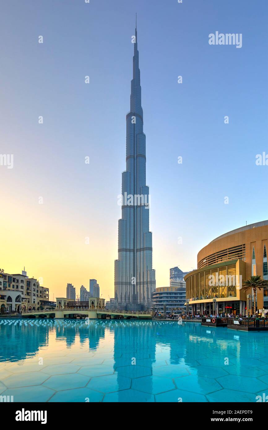 Burj Khalifa at sunset, Dubai, United Arab Emirates Stock Photo