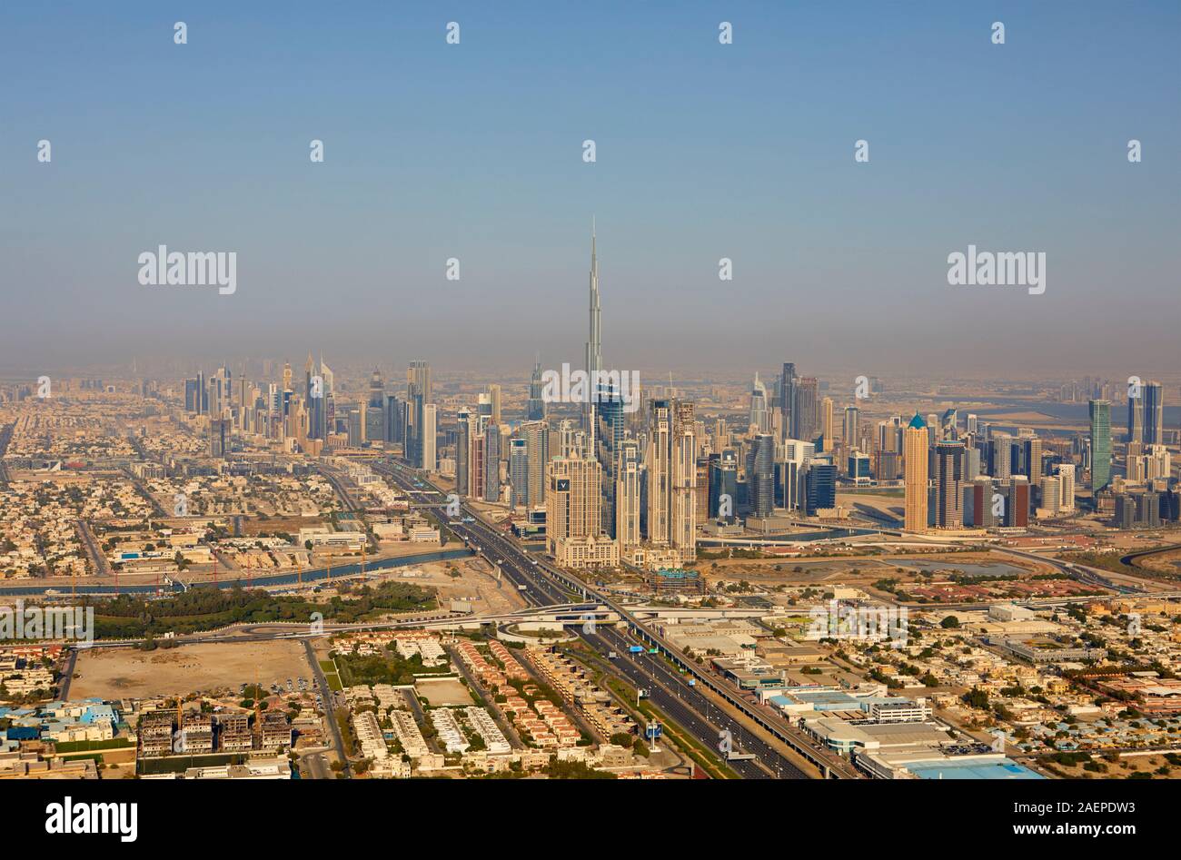 Aerial view of the city with the Burj Khalifa seen from the helicopter, Dubai, United Arab Emirates Stock Photo
