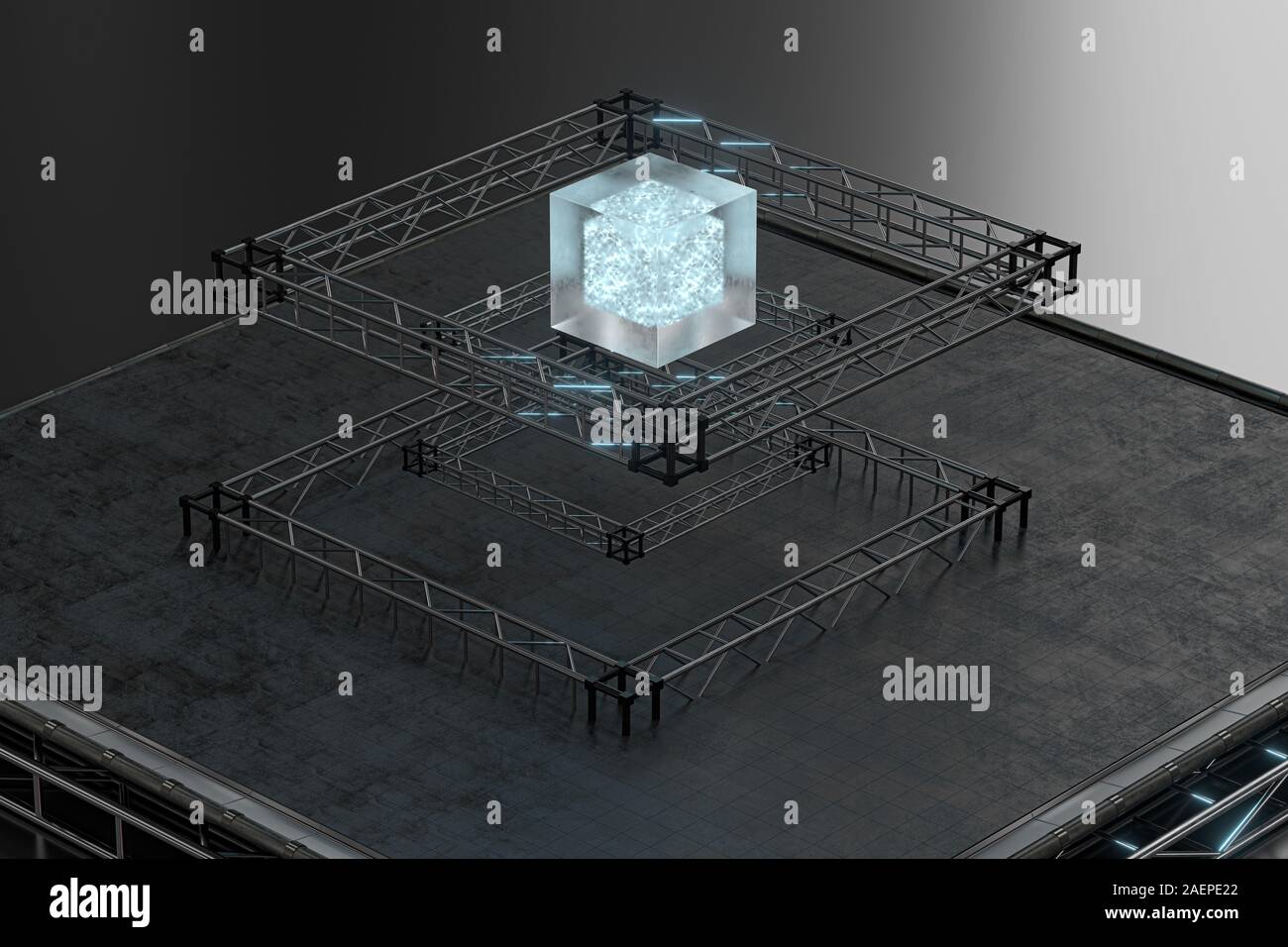 Polished metal frame, a transparent suspended cube, 3d rendering ...