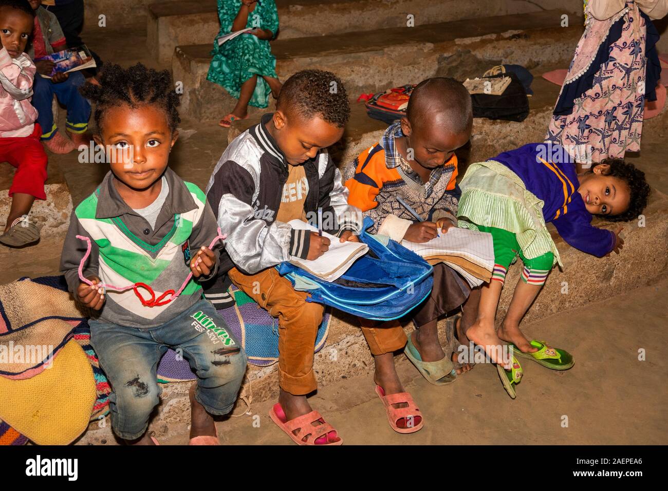 Ethiopia, Amhara Region, Awra Amba, Education, Kindergarden children learning to read and write Stock Photo