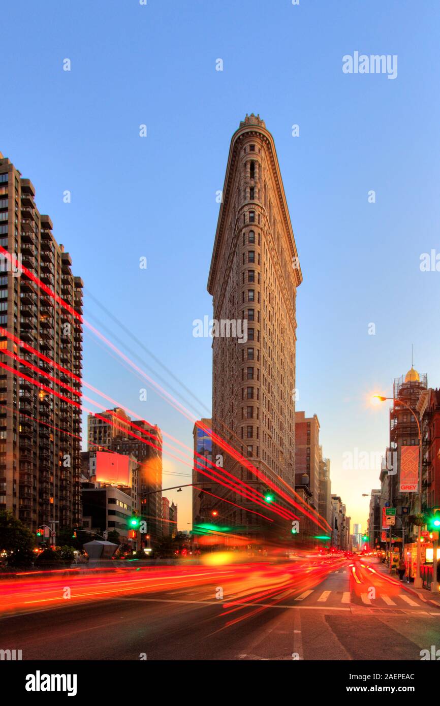 Flatiron Building,  triangular island-block formed by Fifth Avenue and Broadway, New York City, USA Stock Photo
