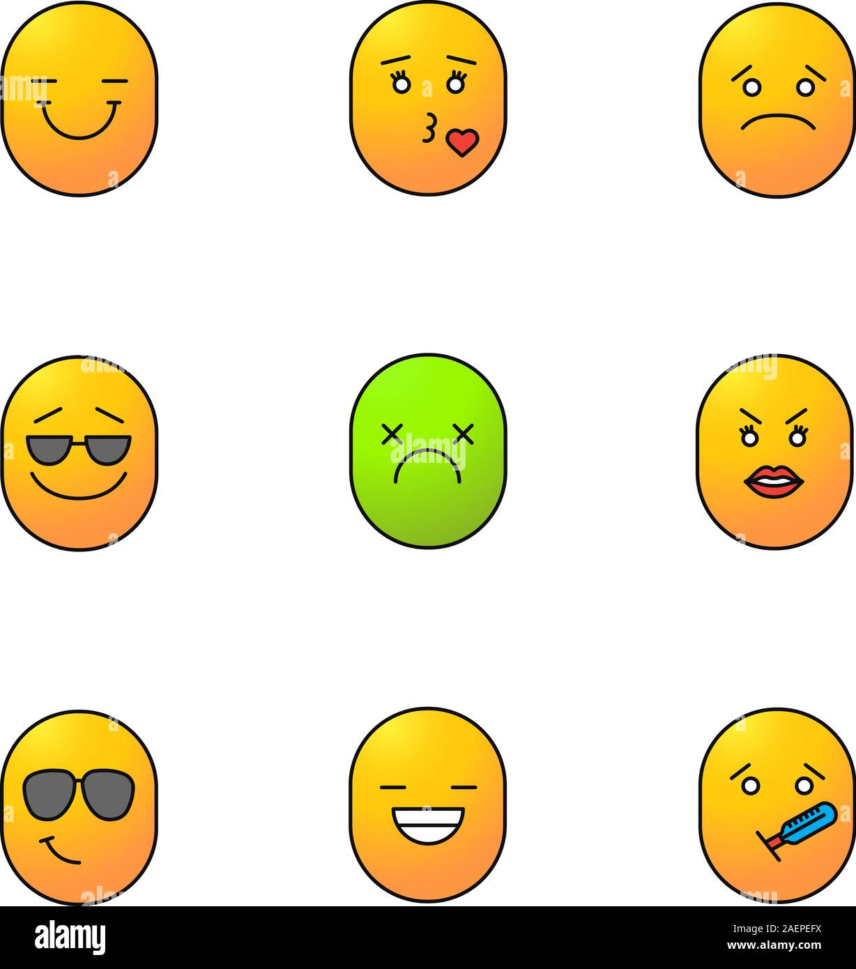 Smiles color icons set. Good and bad mood. Smiling, kissing, sad, cool ...