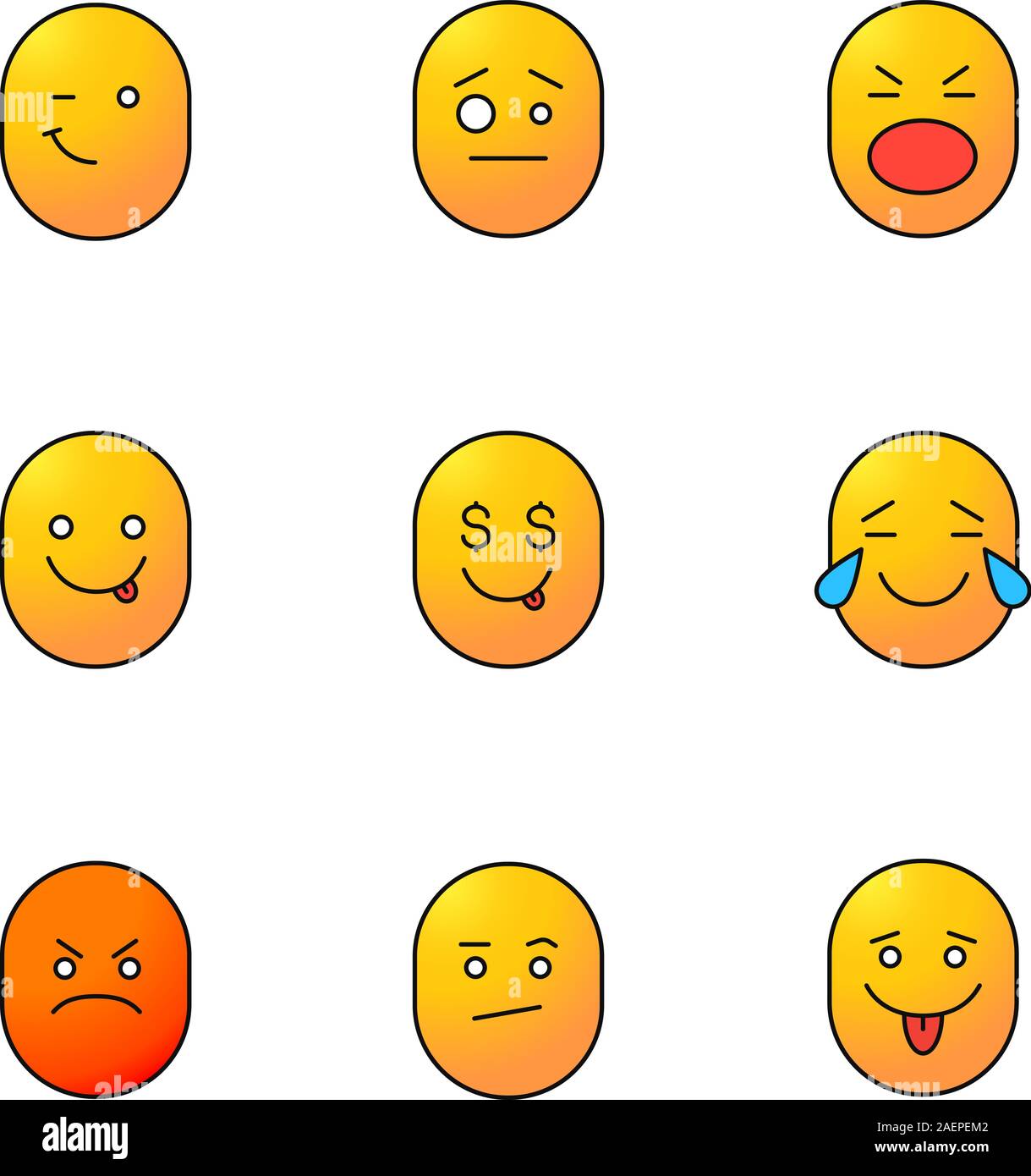Smileys color icons set. Good and bad mood. Winking, confused, shocked ...