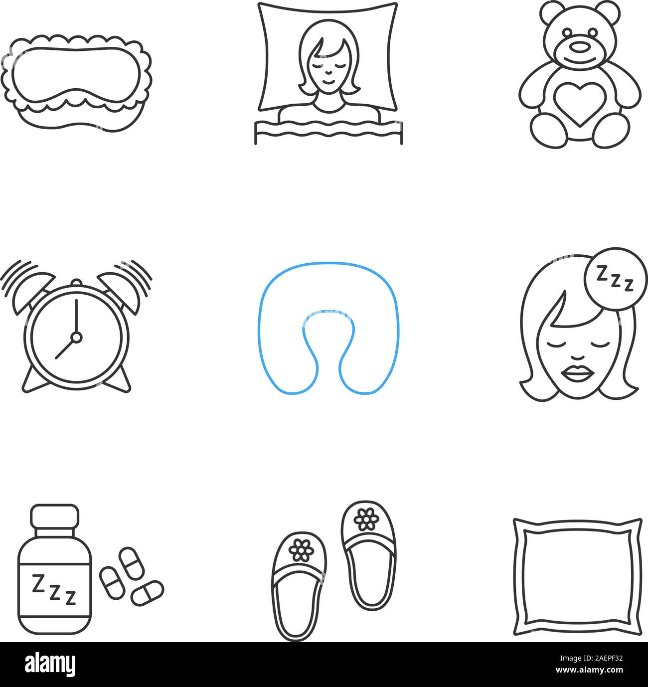 Sleeping accessories linear icons set. Thin line contour symbols ...