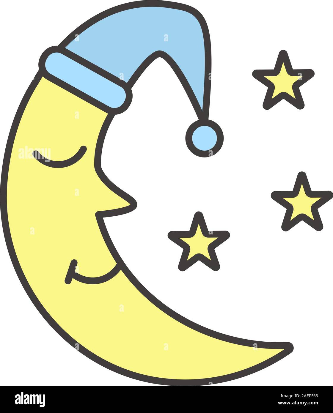 Moon with nightcap and stars color icon. Bedtime. Isolated vector illustration Stock Vector