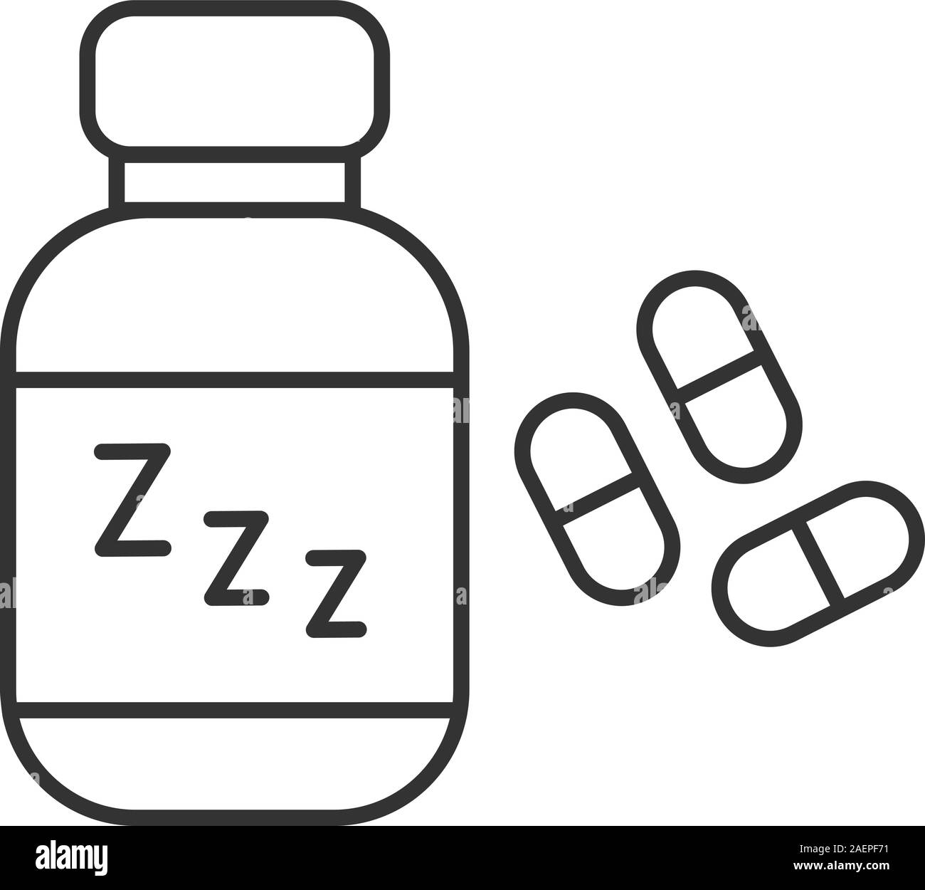 Sleeping pills linear icon. Bottle with medications and zzz symbol