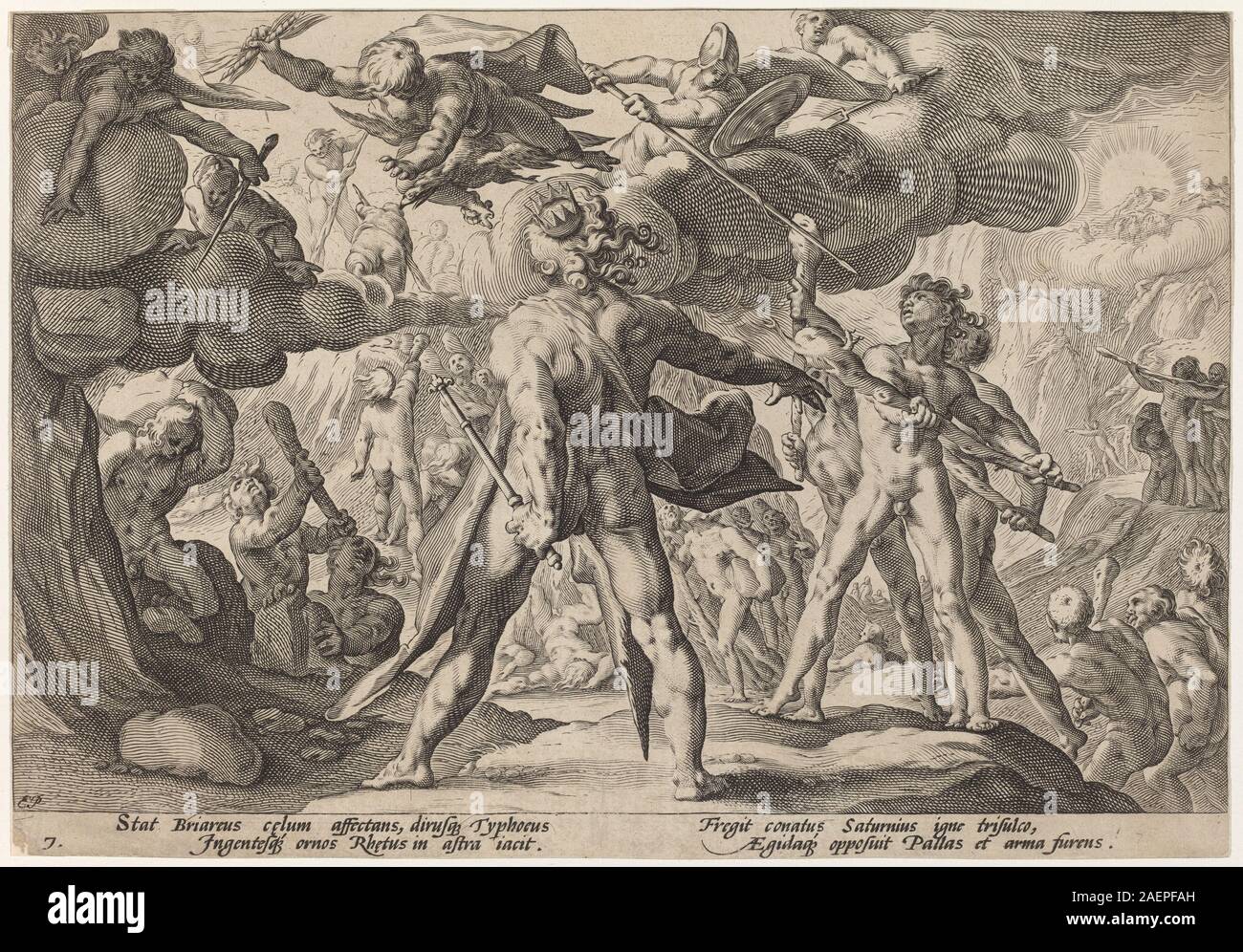 Workshop of Hendrick Goltzius, after Hendrick Goltzius, The Giants Climbing the Heavens, c 1589, The Giants Climbing the Heavens; circa 1589  date Stock Photo