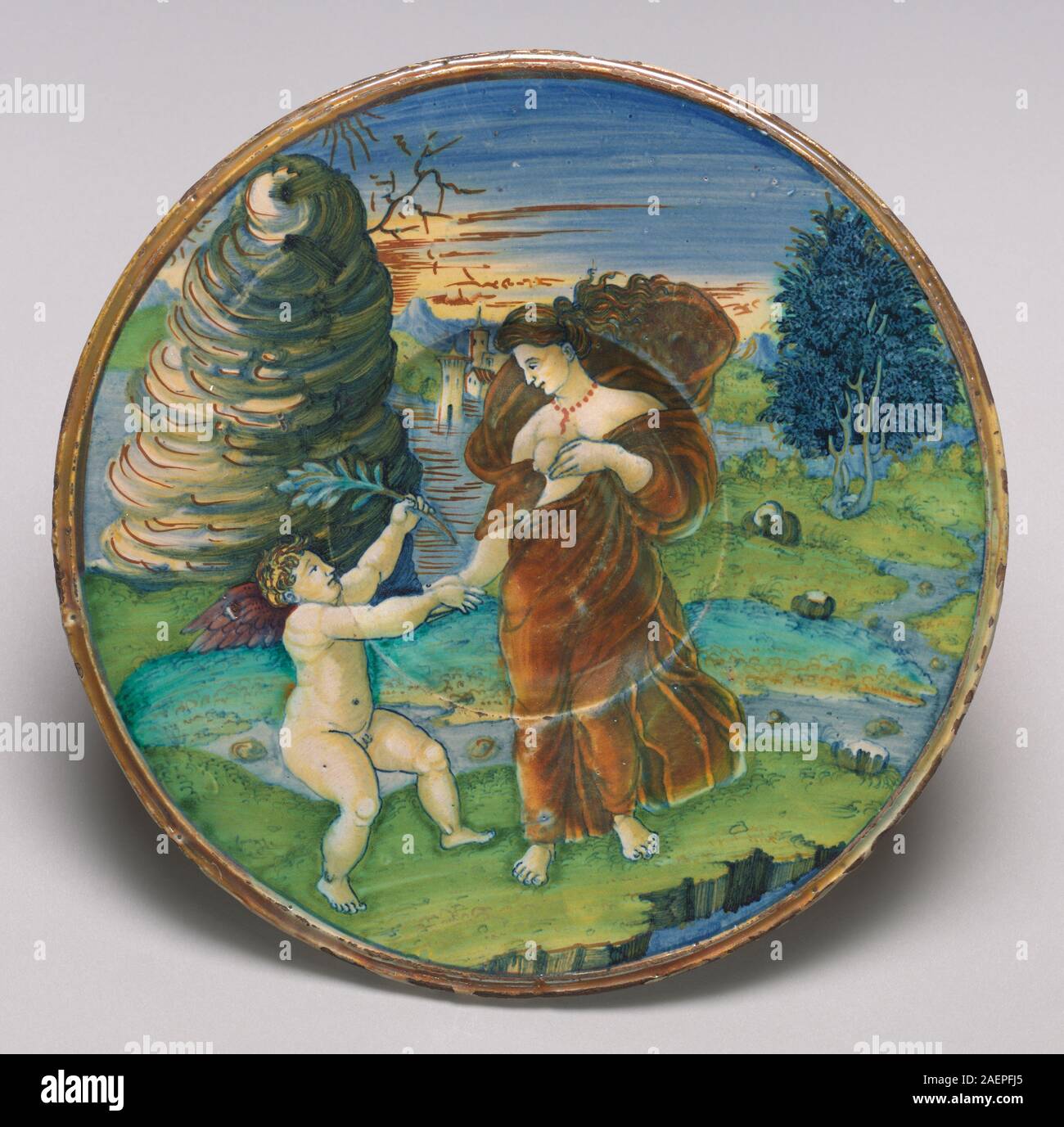 Workshop of Maestro Giorgio Andreoli of Gubbio; painting attributed to the Painter of the Three Graces, Plate with the reconciliation of Cupid and Minerva, 1525, Workshop of Maestro Giorgio Andreoli of Gubbio; painting attributed to the Painter of the Three Graces, Plate with the reconciliation of Cupid and Minerva, 1525, tin-glazed earthenware (maiolica), Widener Collection 1942.9.333 Stock Photo