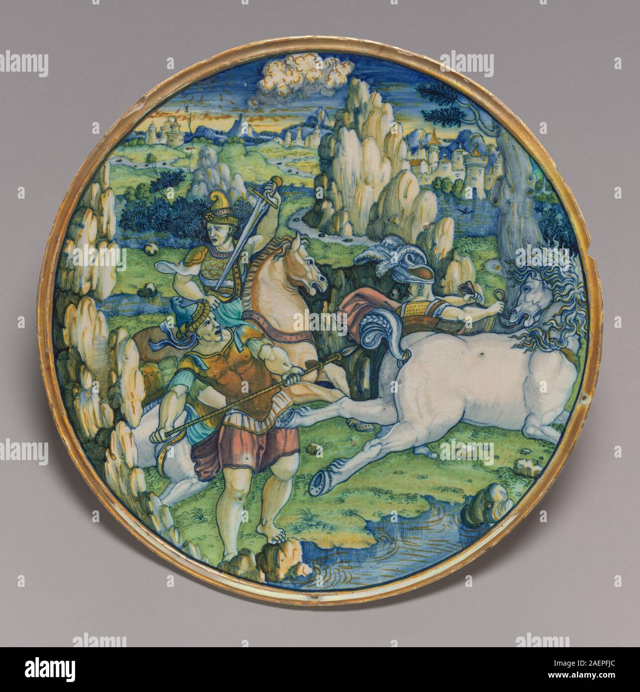 Workshop of Maestro Giorgio Andreoli of Gubbio; painting by the Painter of the Three Graces, Flat plate with a battle scene, 1525, Workshop of Maestro Giorgio Andreoli of Gubbio; painting by the Painter of the Three Graces, Flat plate with a battle scene, 1525, tin-glazed earthenware (maiolica), Widener Collection 1942.9.334 Stock Photo