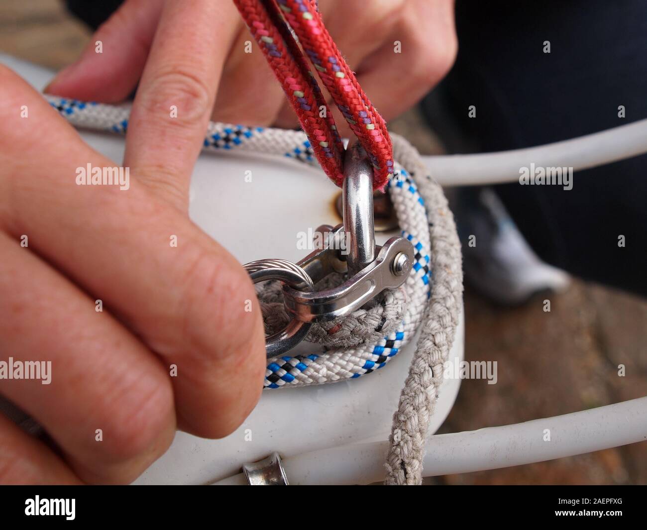 Detail of a shackle of a sailing dinghy Stock Photo
