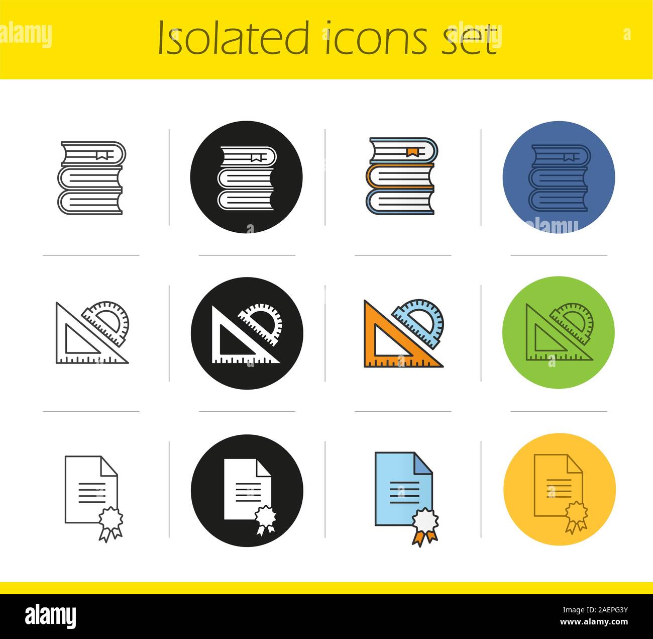 School and education icons set. Linear, black and color styles. Books ...