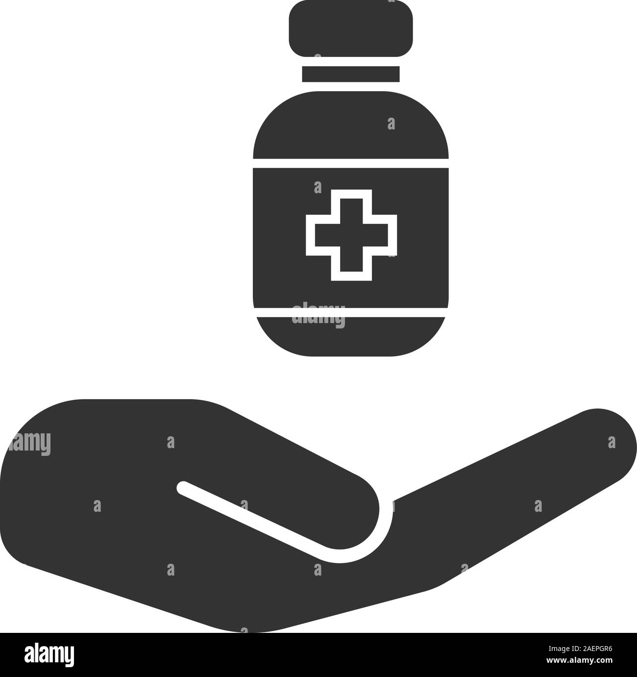 Open hand with drugs glyph icon. Silhouette symbol. Medicaments supply ...