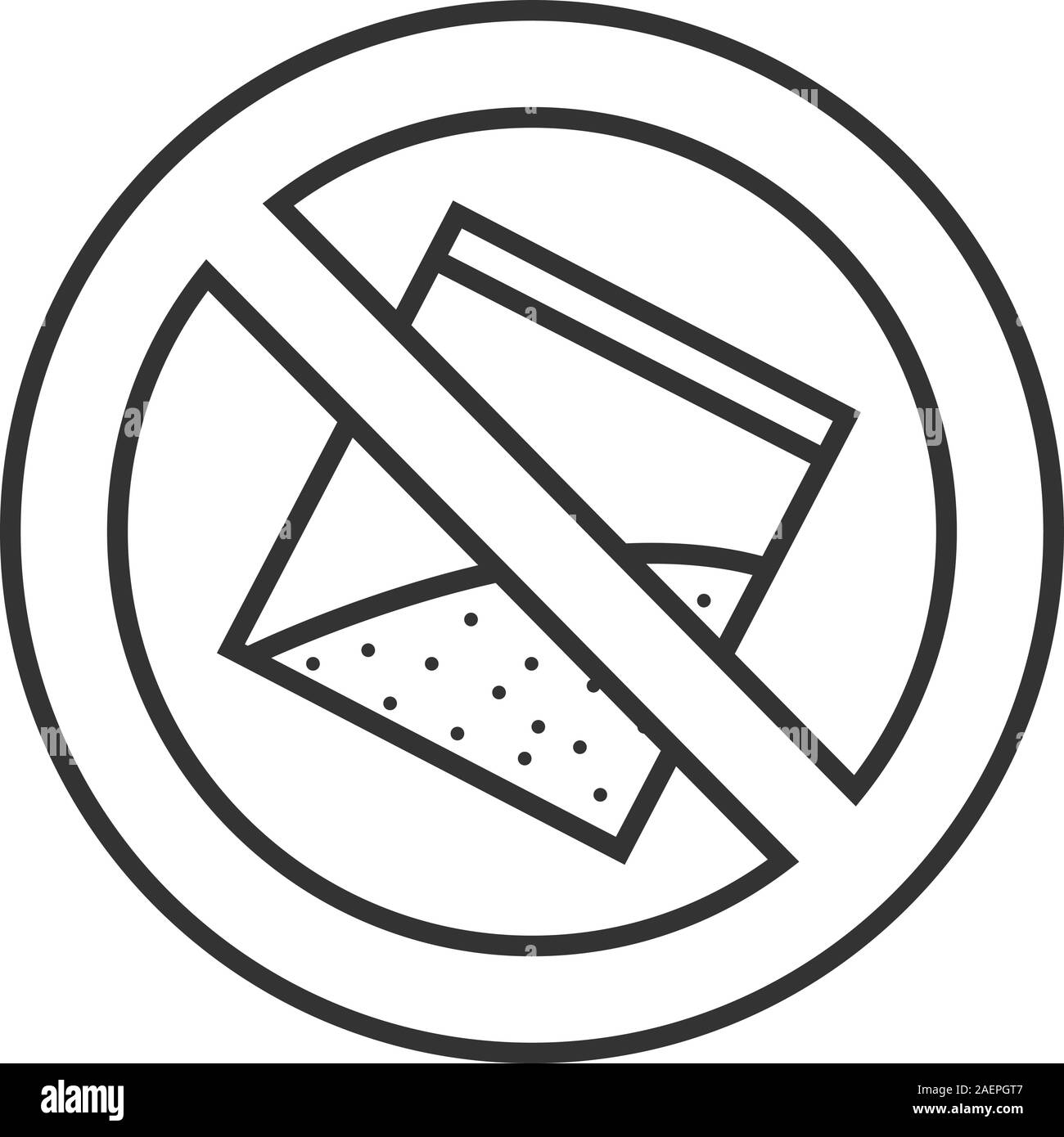 Forbidden sign with bag of powder linear icon. Thin line illustration. No drugs prohibition. Stop contour symbol. Vector isolated outline drawing Stock Vector