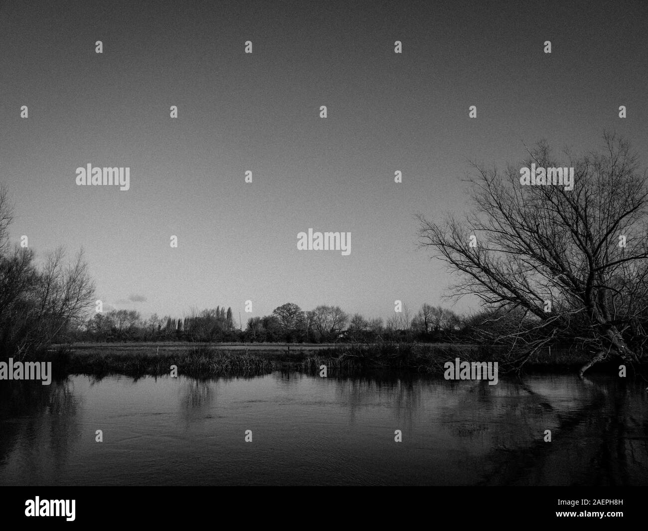 Black and White Landscape of River Cherwell, Oxford University Parks, Oxford, Oxfordshire, England, UK, GB. Stock Photo