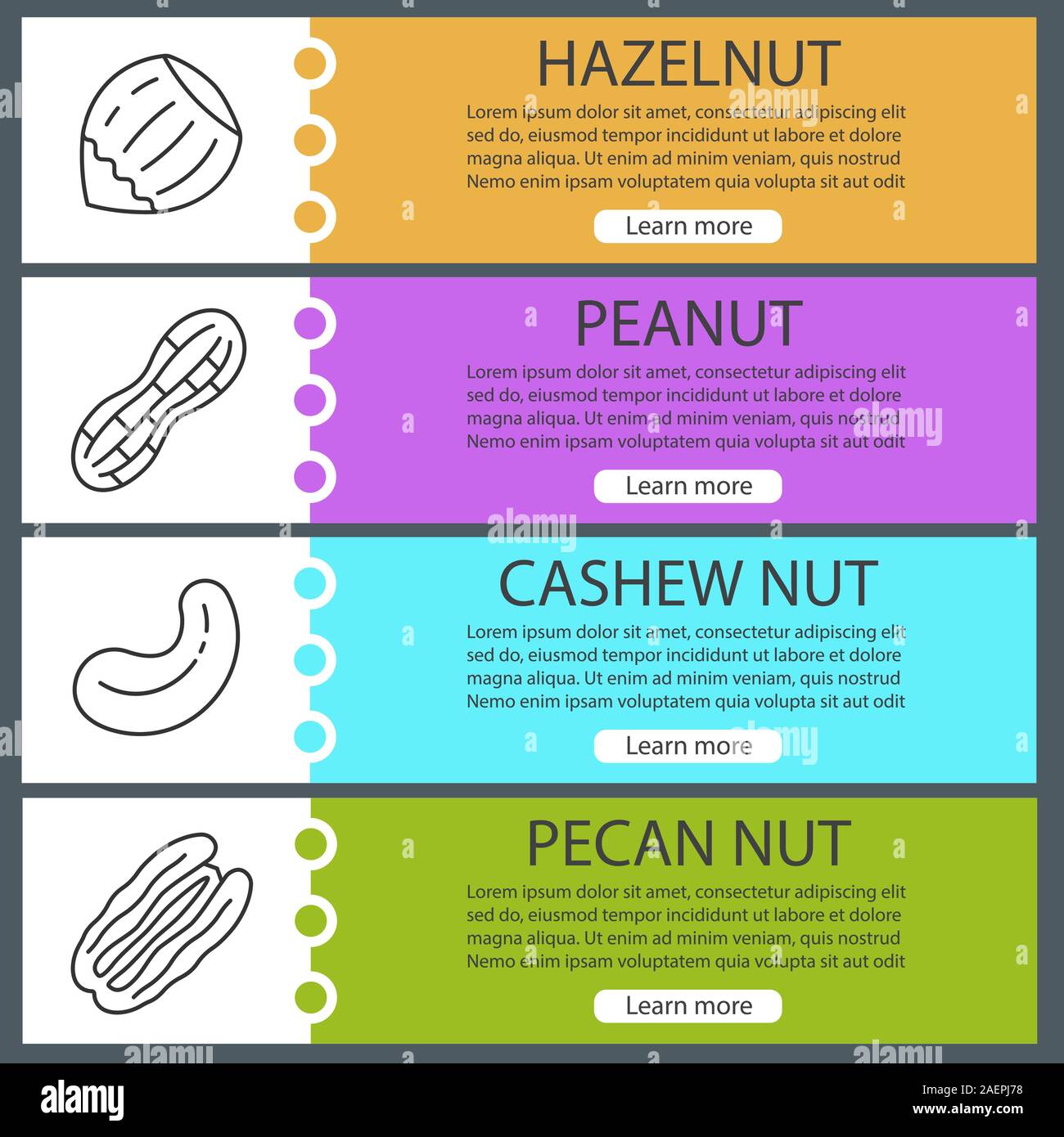 Nuts types web banner templates set. Hazelnut, peanut, cashew and pecan ...