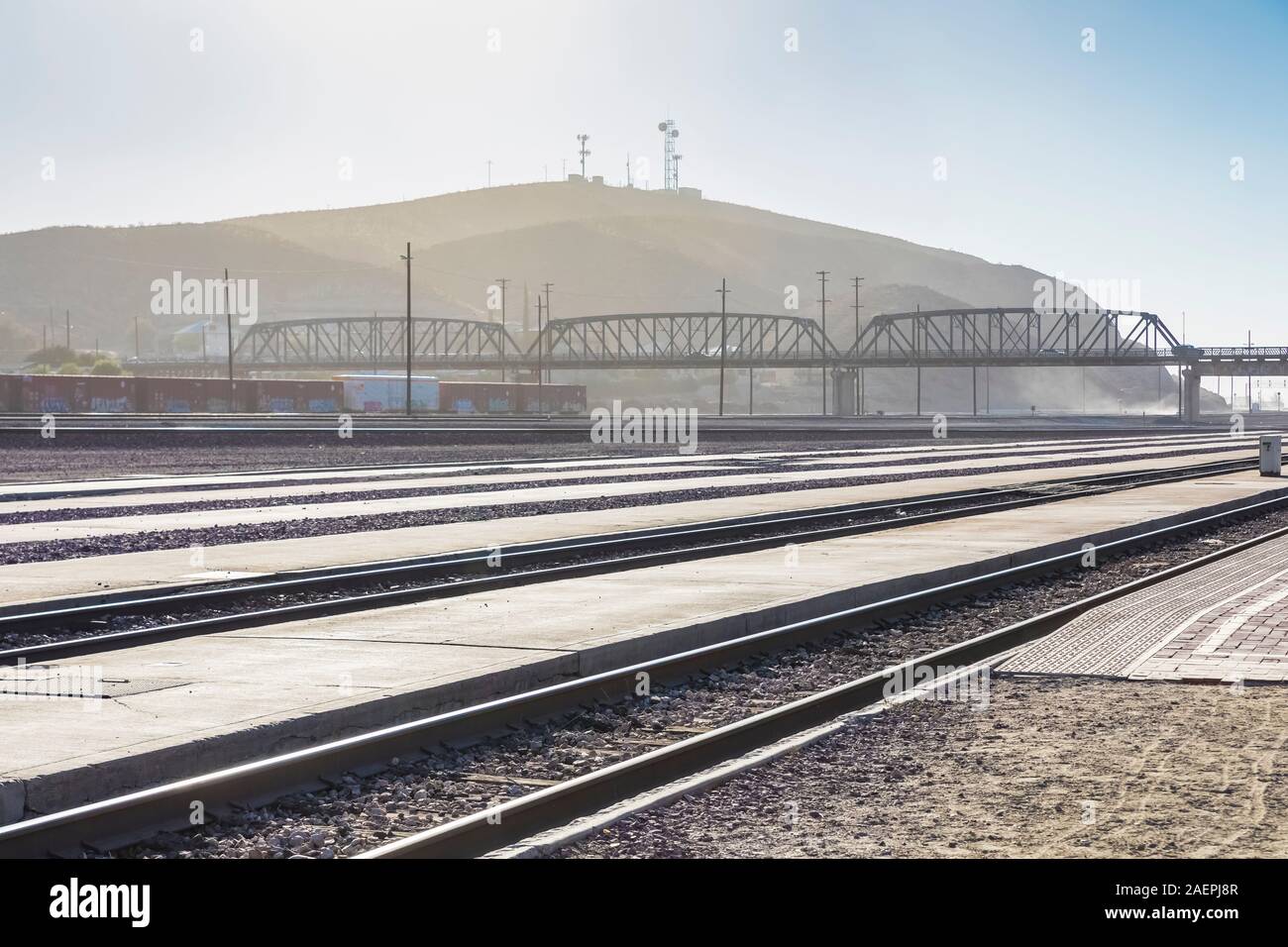 BNSF tracks in front of Harvey House Railroad Depot near Route 66 at
