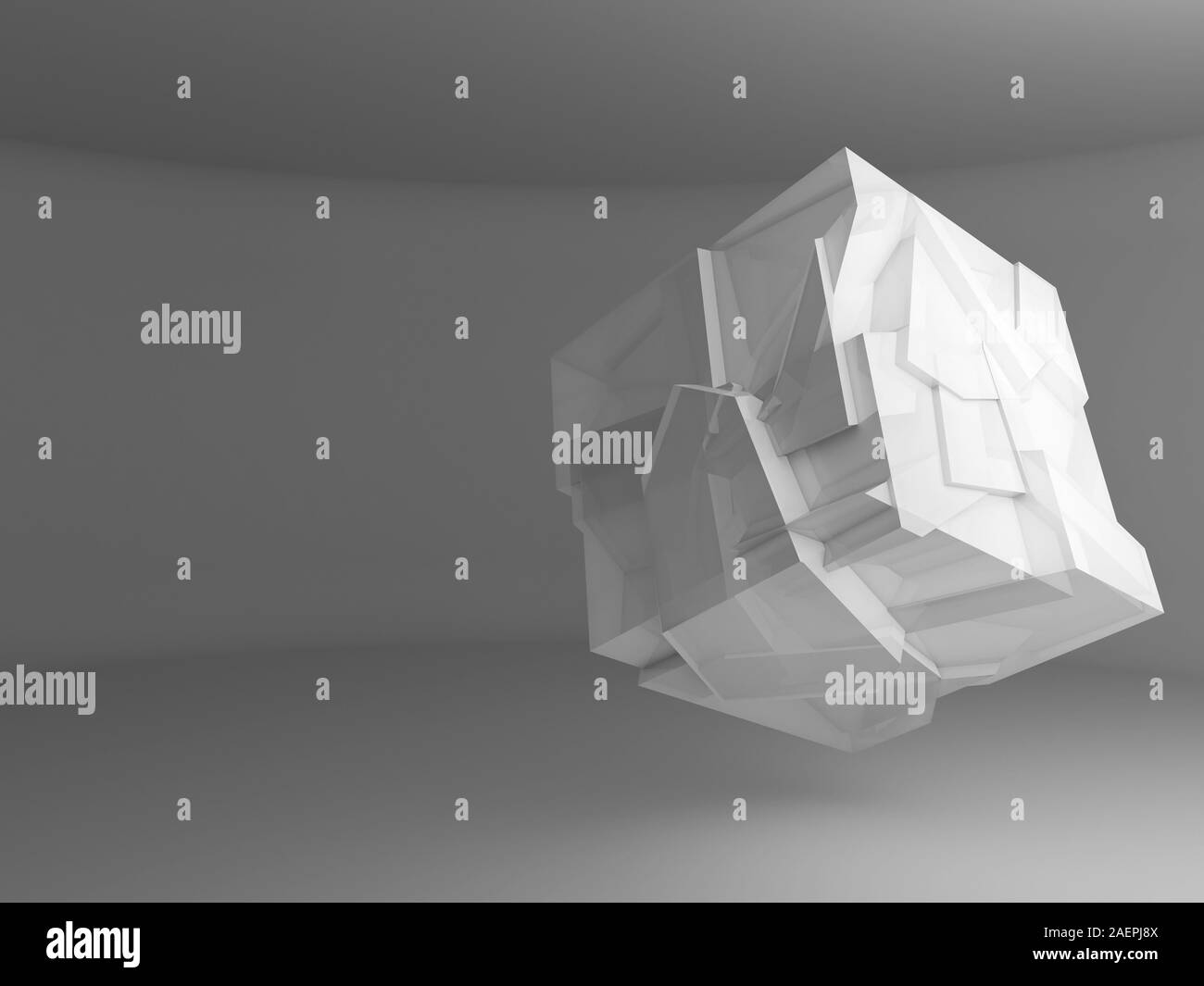 Abstract white flying crystal cube object with chaotic fragmentation is in an empty gray interior, 3d rendering illustration Stock Photo