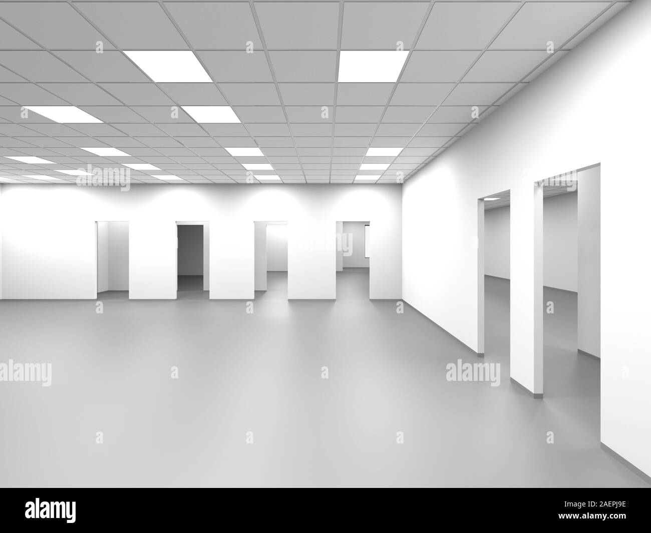 An empty open space office room with white walls and blank doorways, abstract interior background, 3d rendering illustration Stock Photo