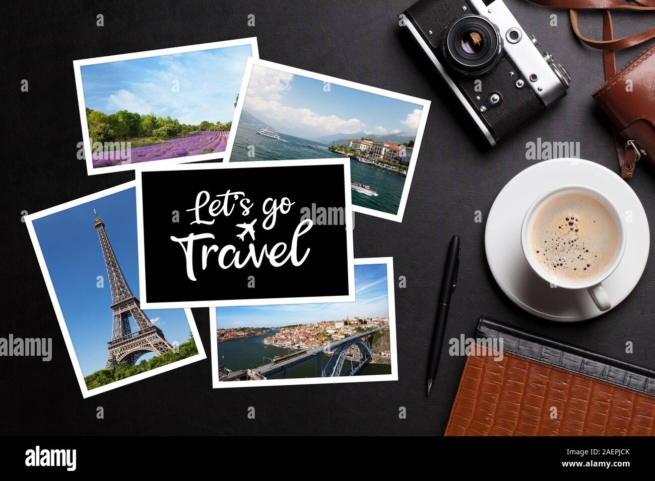 Office desk with vacation photos, camera, coffee and notepad. Travel concept. Top view with copy space Stock Photo