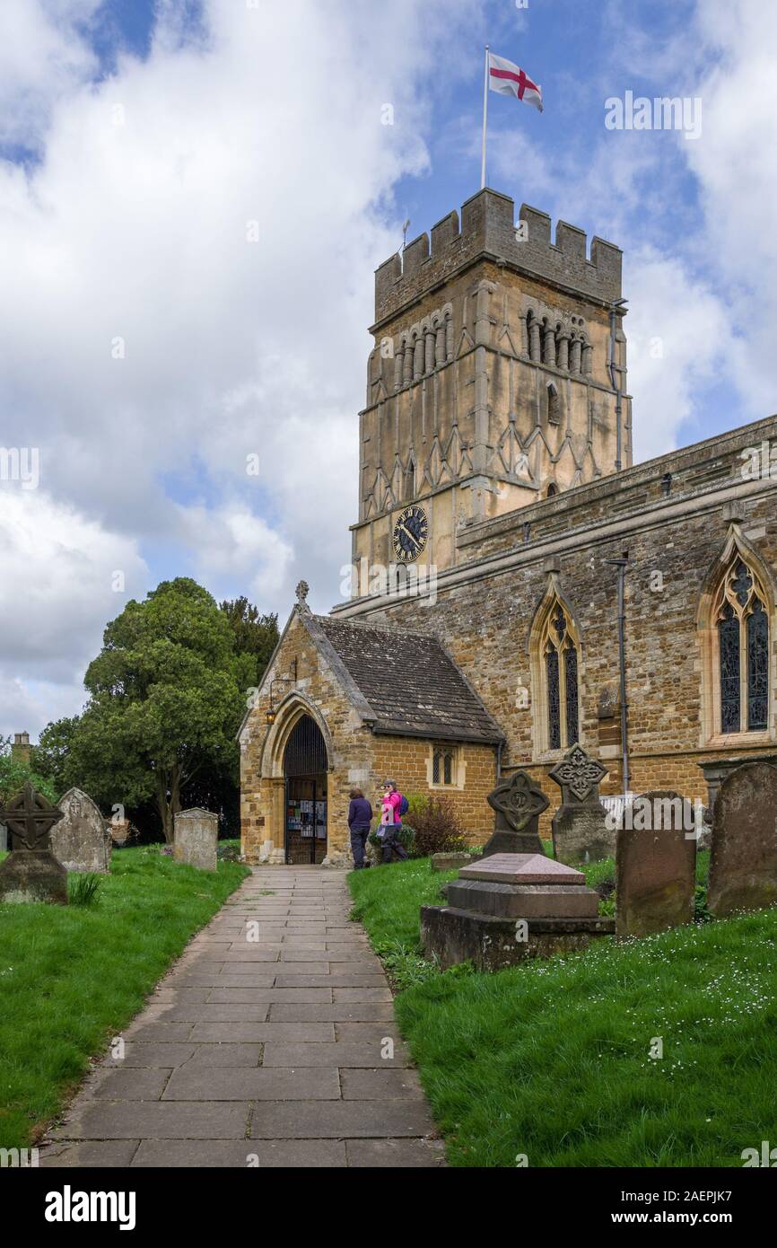 All Saints church in the village of Earls Barton, Northamptonshire, UK; earliest parts date from the Anglo-Saxon era. Stock Photo