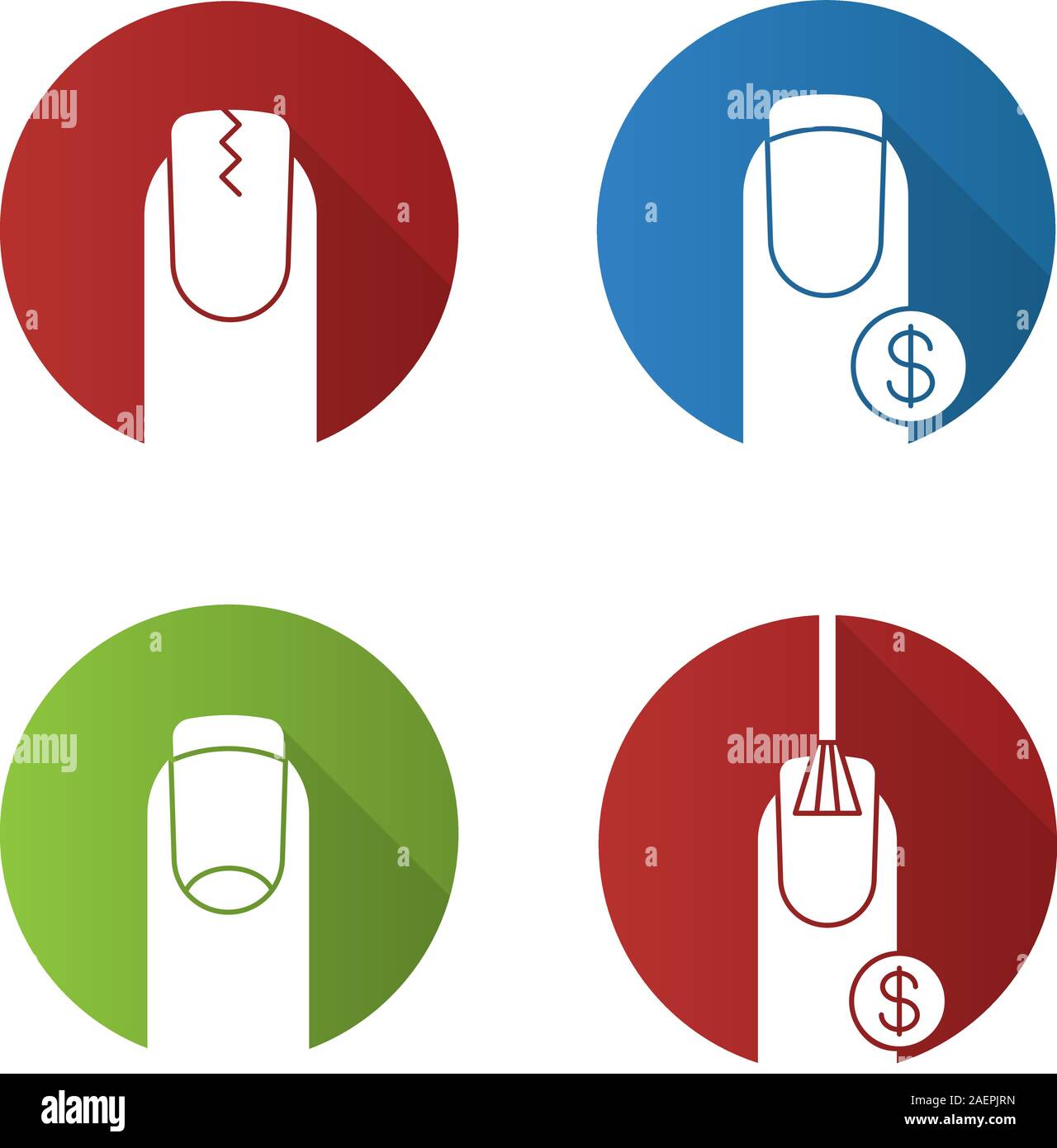 Manicure flat design long shadow glyph icons set. Cracked fingernail