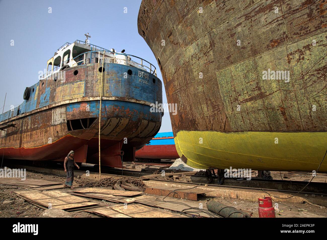 Ship breaking yards and rebuilding vessel, Dacca, Bangladesh, Asia Stock Photo
