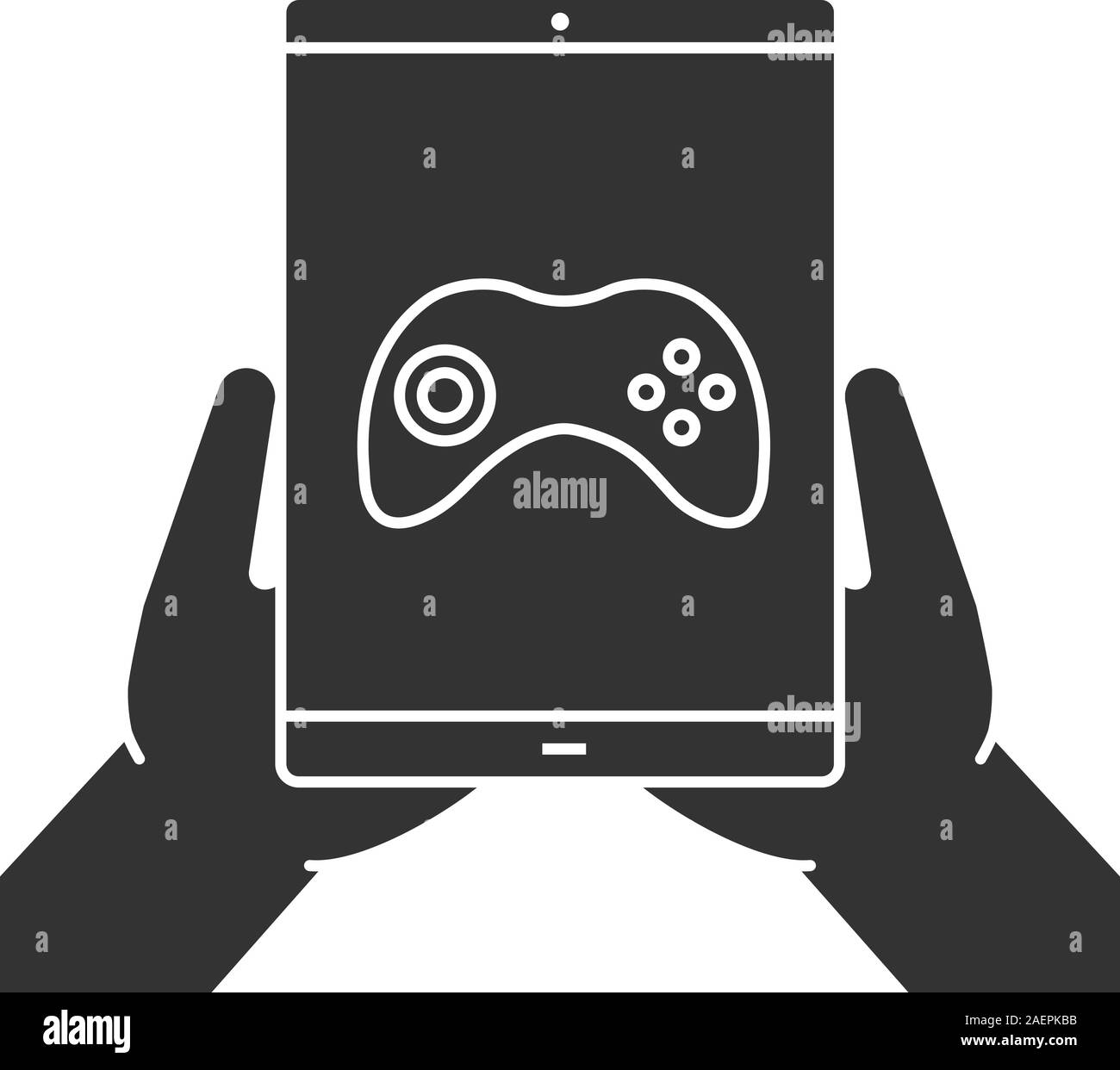 Hands holding tablet computer glyph icon. Silhouette symbol. Tablet