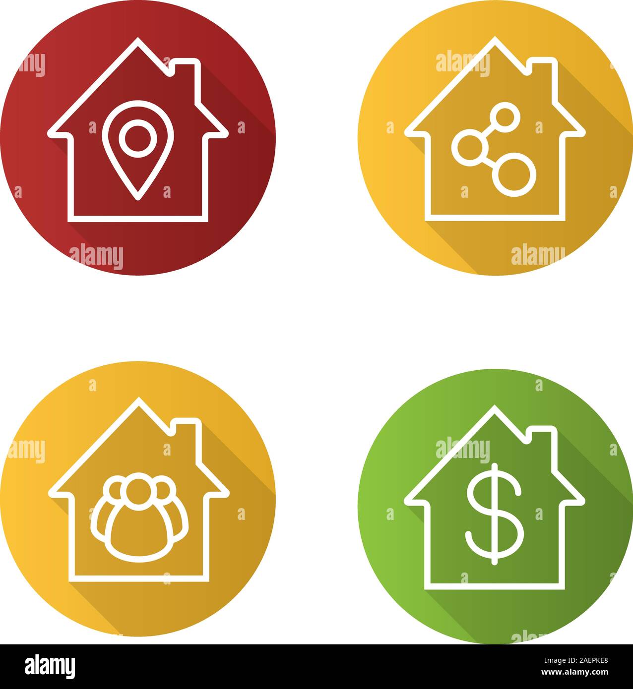 Houses flat linear long shadow icons set. Home buildings with map ...