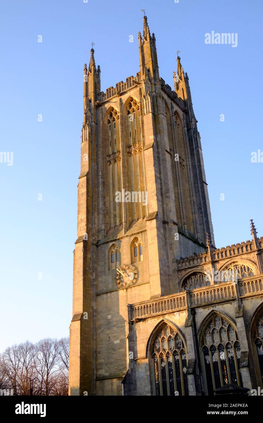 Wells is a Cathedral city in somerset UK. St Cuthberts Church in Winter light. Featured in the film Hot Fuzz Stock Photo
