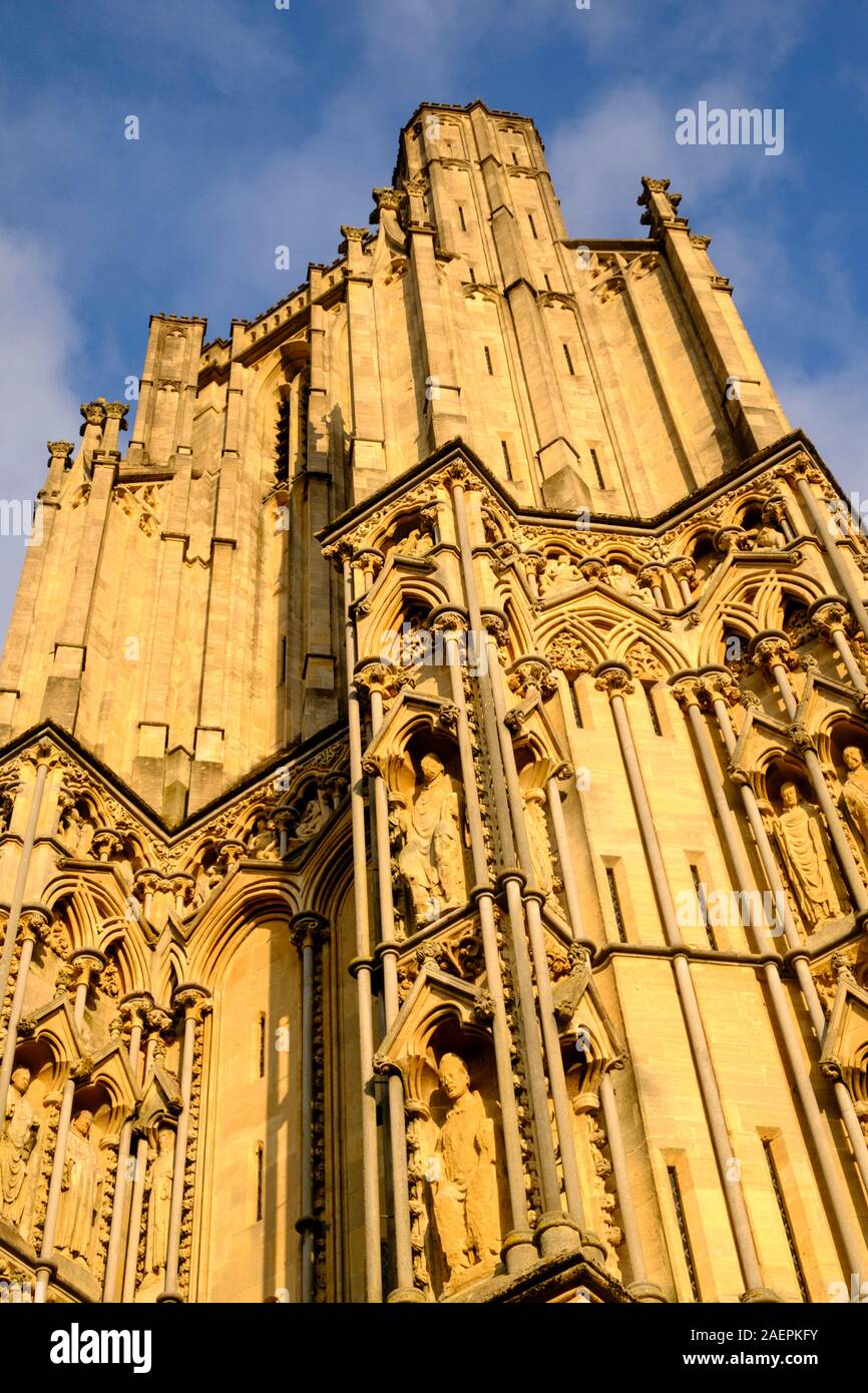 Wells is a Cathedral city in somerset UK. Niches for statues on the West Front. Early english gothic style architecture Stock Photo