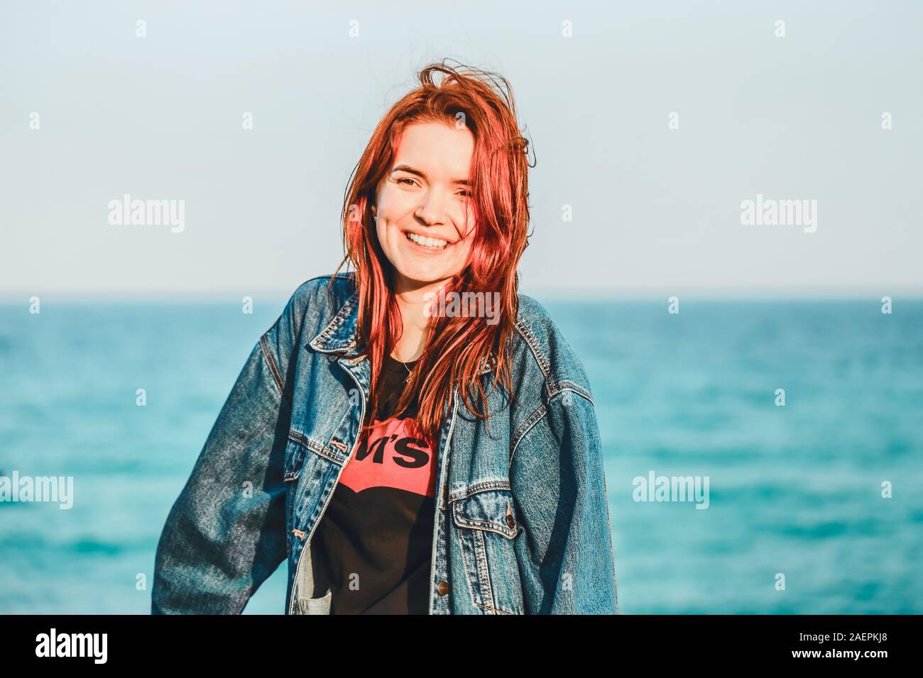 Nice Girl With Red Hair Smiling Modern Youth Casual Style Denim