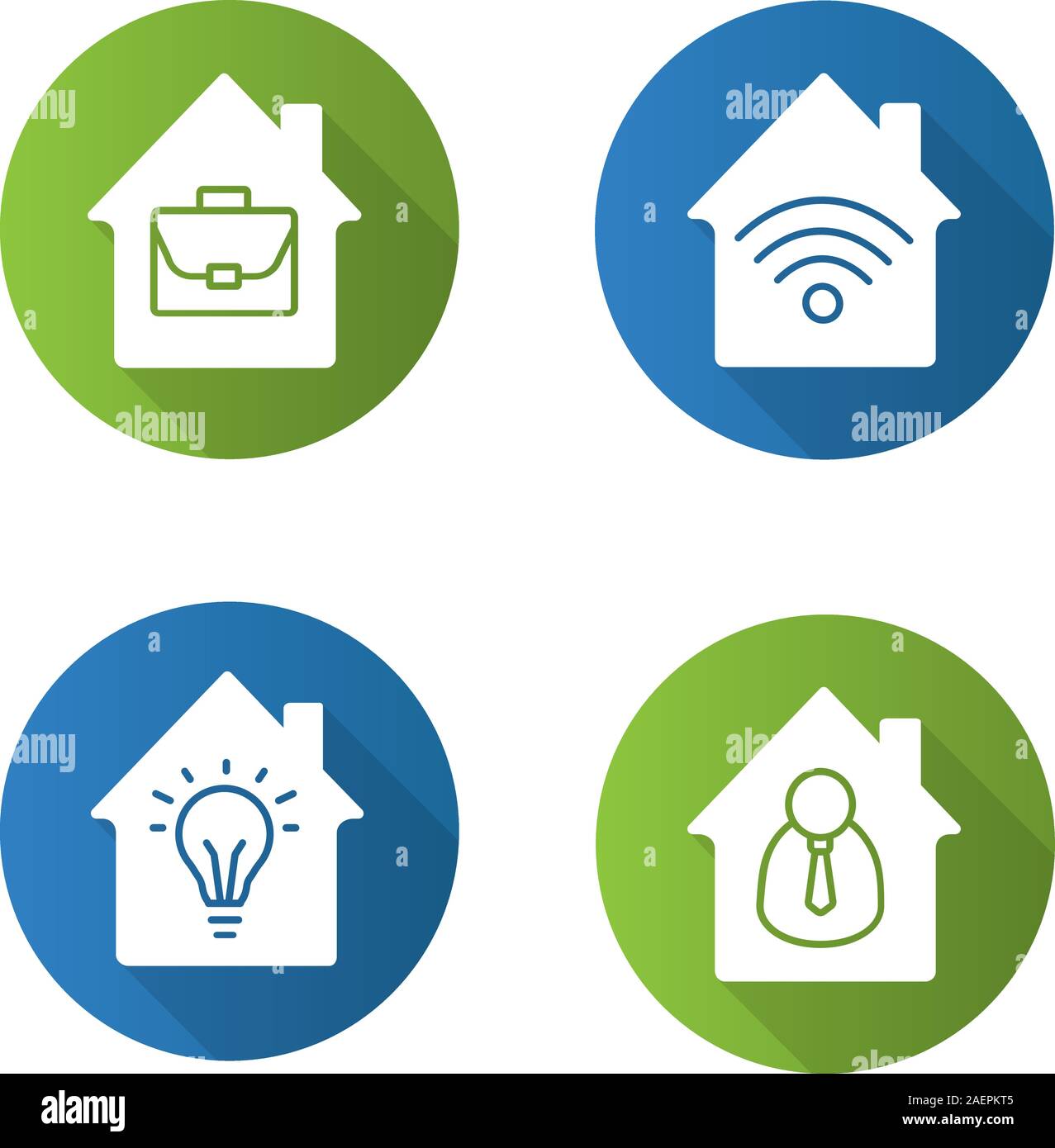 Houses flat design long shadow glyph icons set. Home buildings with briefcase, businessman, wifi signal, lightbulb inside. Vector silhouette illustrat Stock Vector