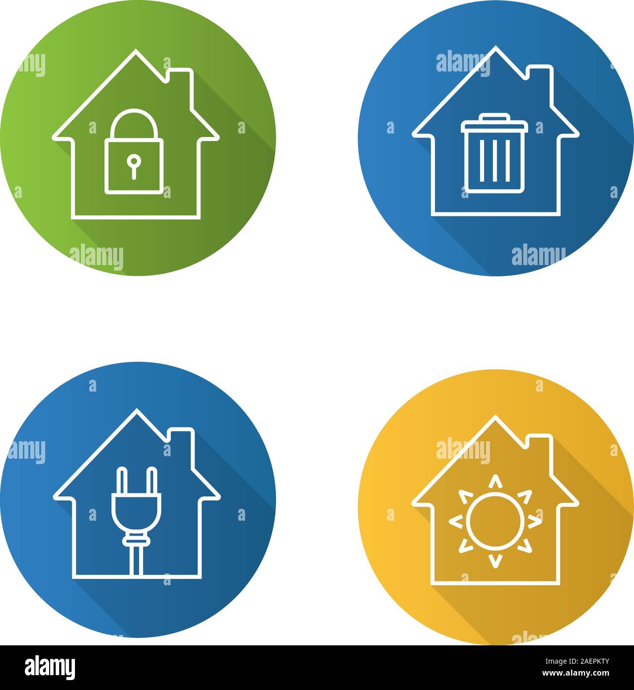 Houses flat linear long shadow icons set. Home buildings with lock, sun ...