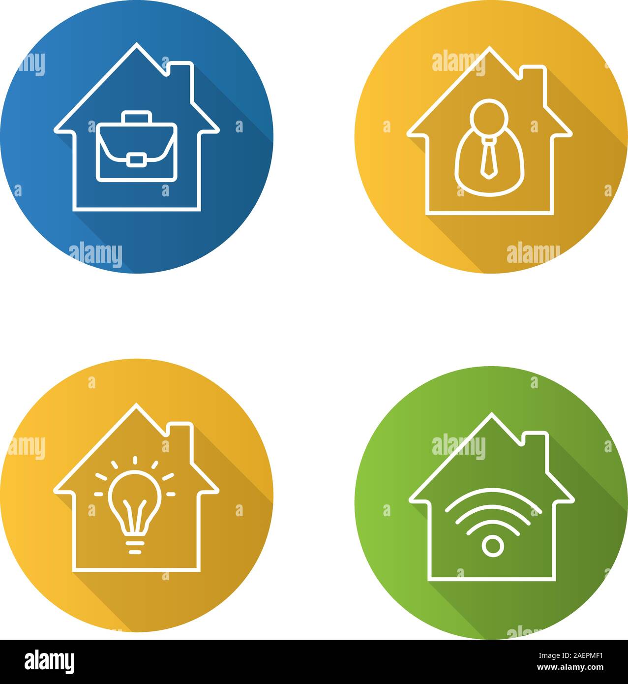 Houses flat linear long shadow icons set. Home buildings with briefcase ...