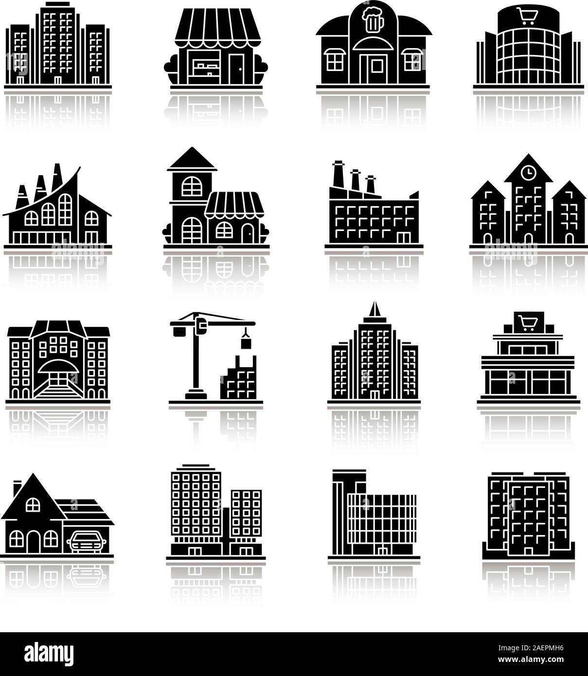 City buildings drop shadow black glyph icons set. Town architecture ...
