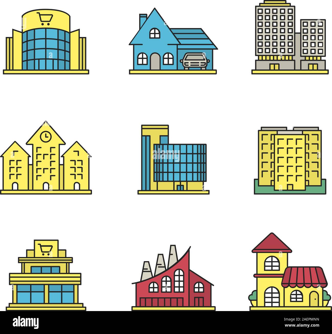 City buildings color icons set. Shopping malls, business centers, cottage, town hall, industrial factory, restaurant, multi-storey building. Isolated Stock Vector