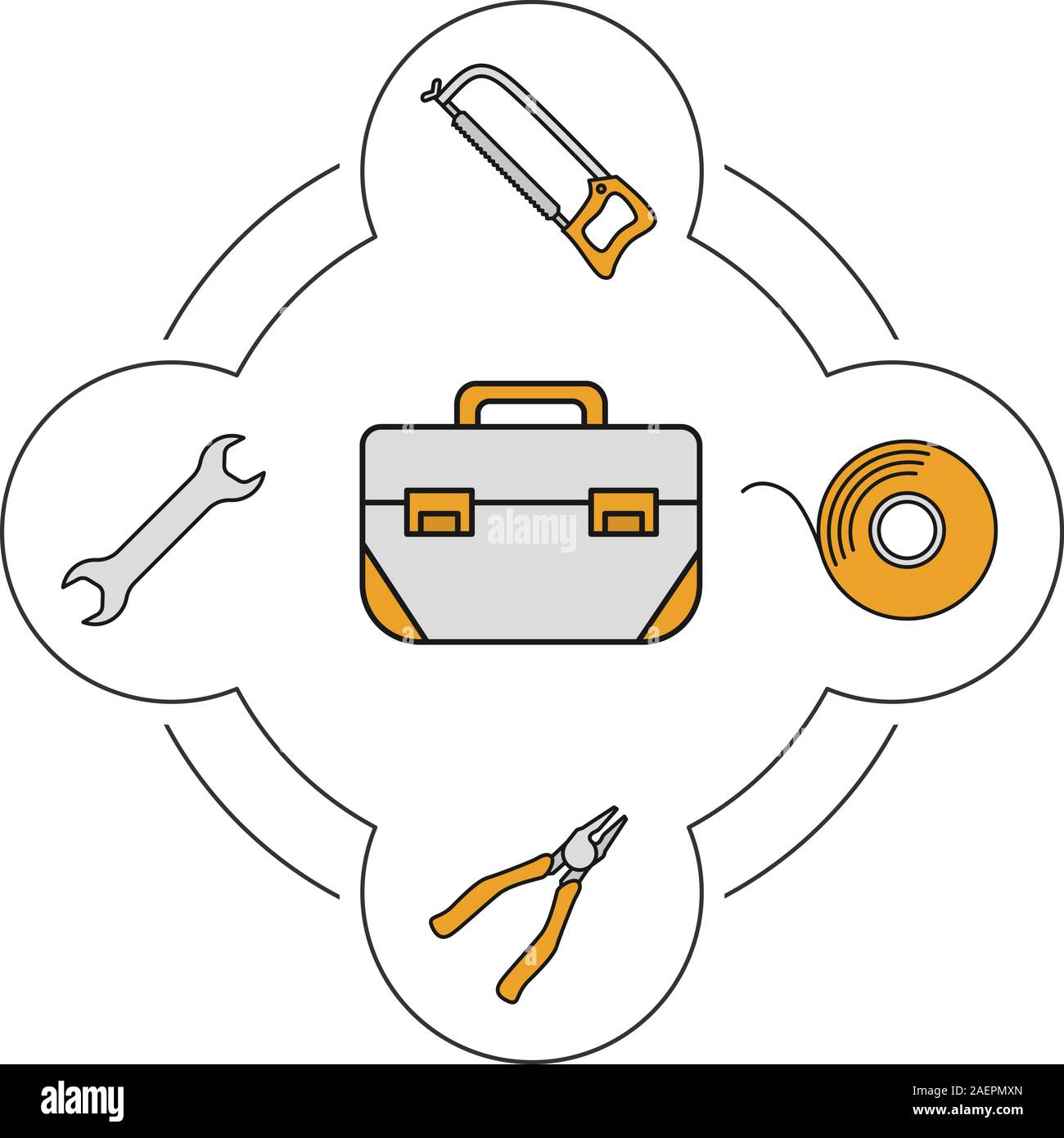 Tool box contents color icons set. Construction tools. Hacksaw, spanner ...