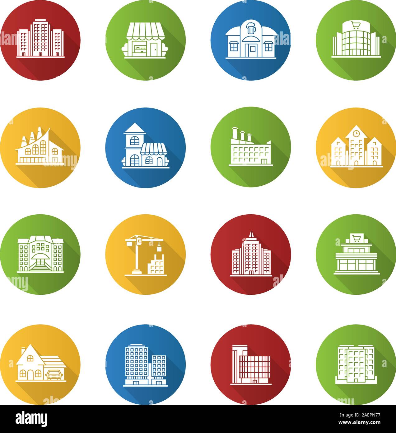 City buildings flat design long shadow glyph icons set. Facades. Town ...