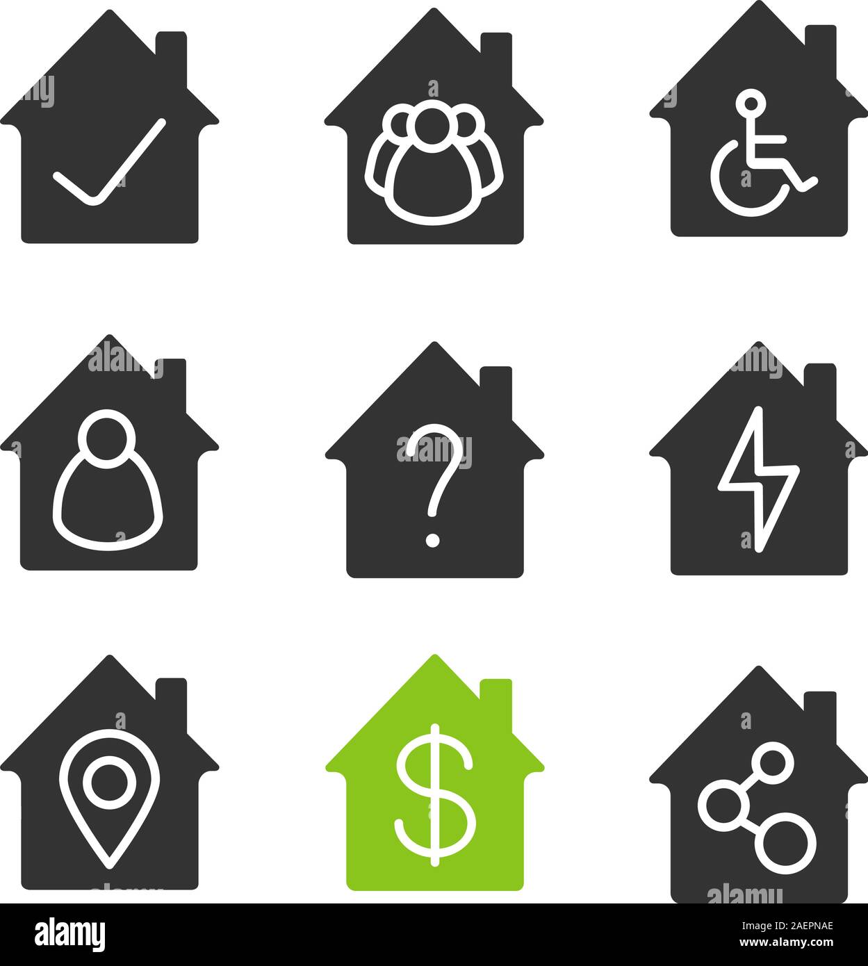 Houses glyph icons set. Home buildings with tick and question mark, people, wheelchair, lightning, map pinpoint, dollar sign, network connection. Silh Stock Vector